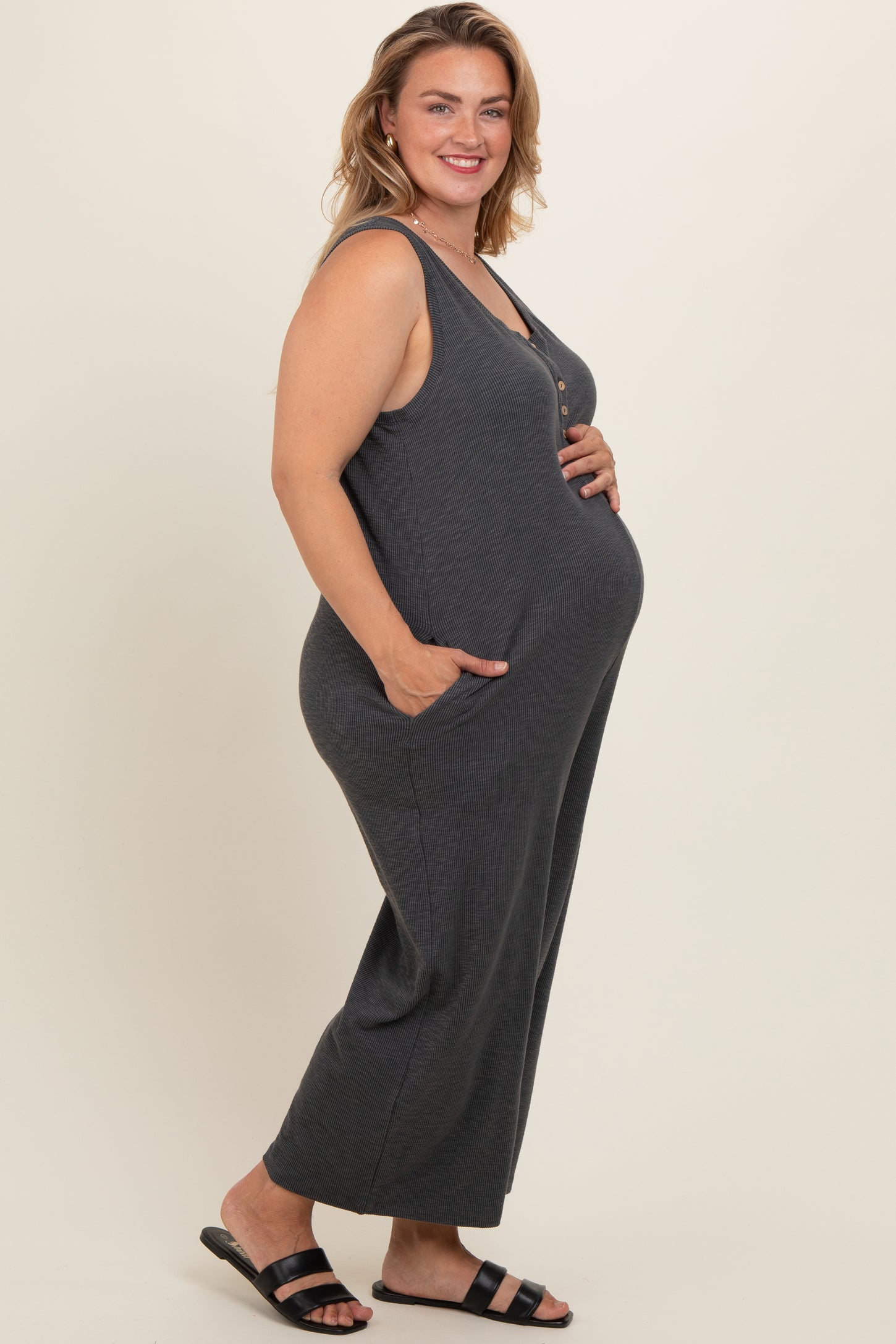 Charcoal Ribbed Button Front Sleeveless Plus Maternity Jumpsuit