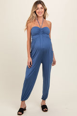 Blue Halter Cinched Maternity Jumpsuit