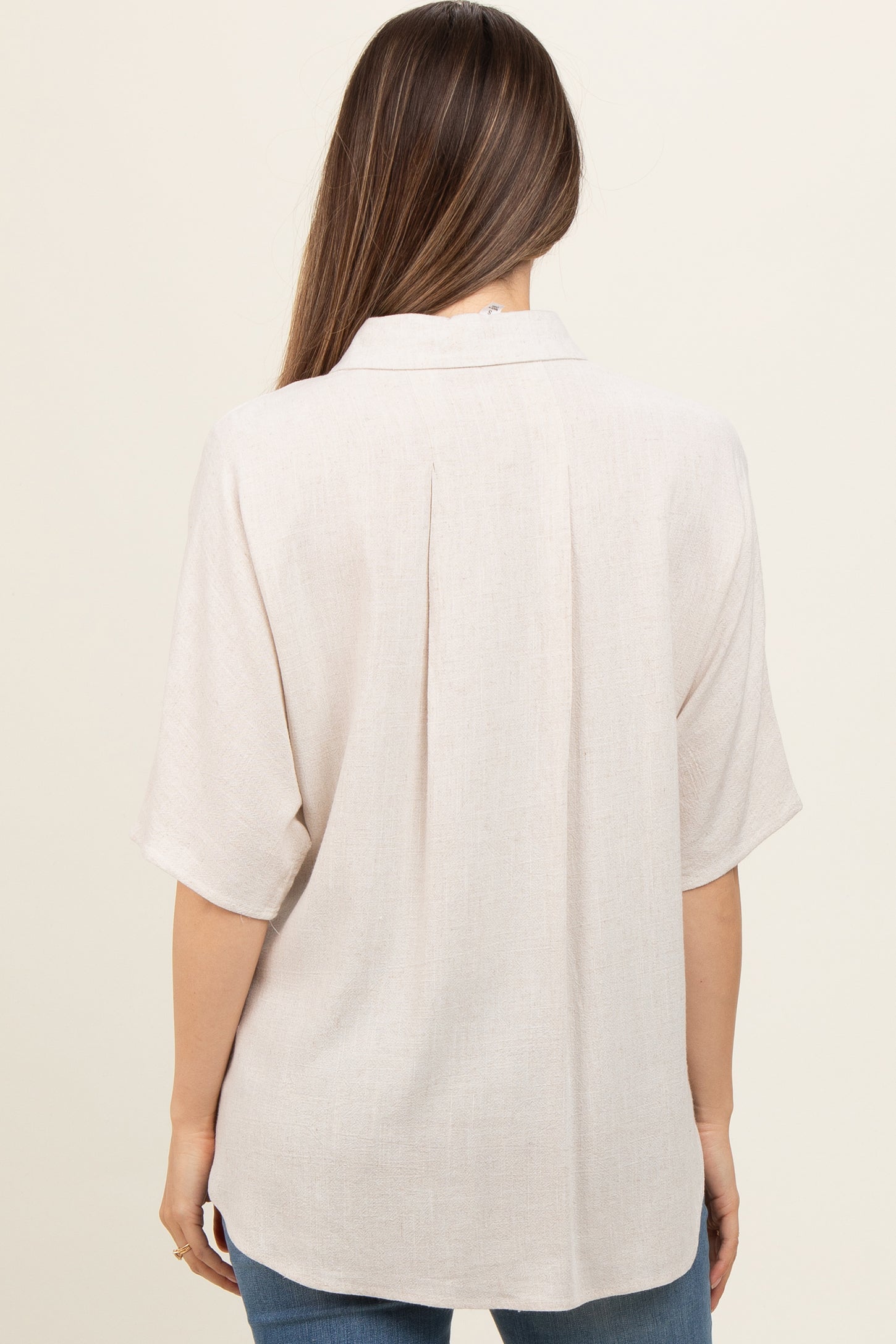 Cream Linen Dolman Half Sleeve Button Down Maternity Top