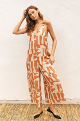 Camel Abstract Print Wide Leg Maternity Jumpsuit