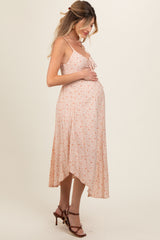 Floral Cinched Tie Front Maternity Midi Dress