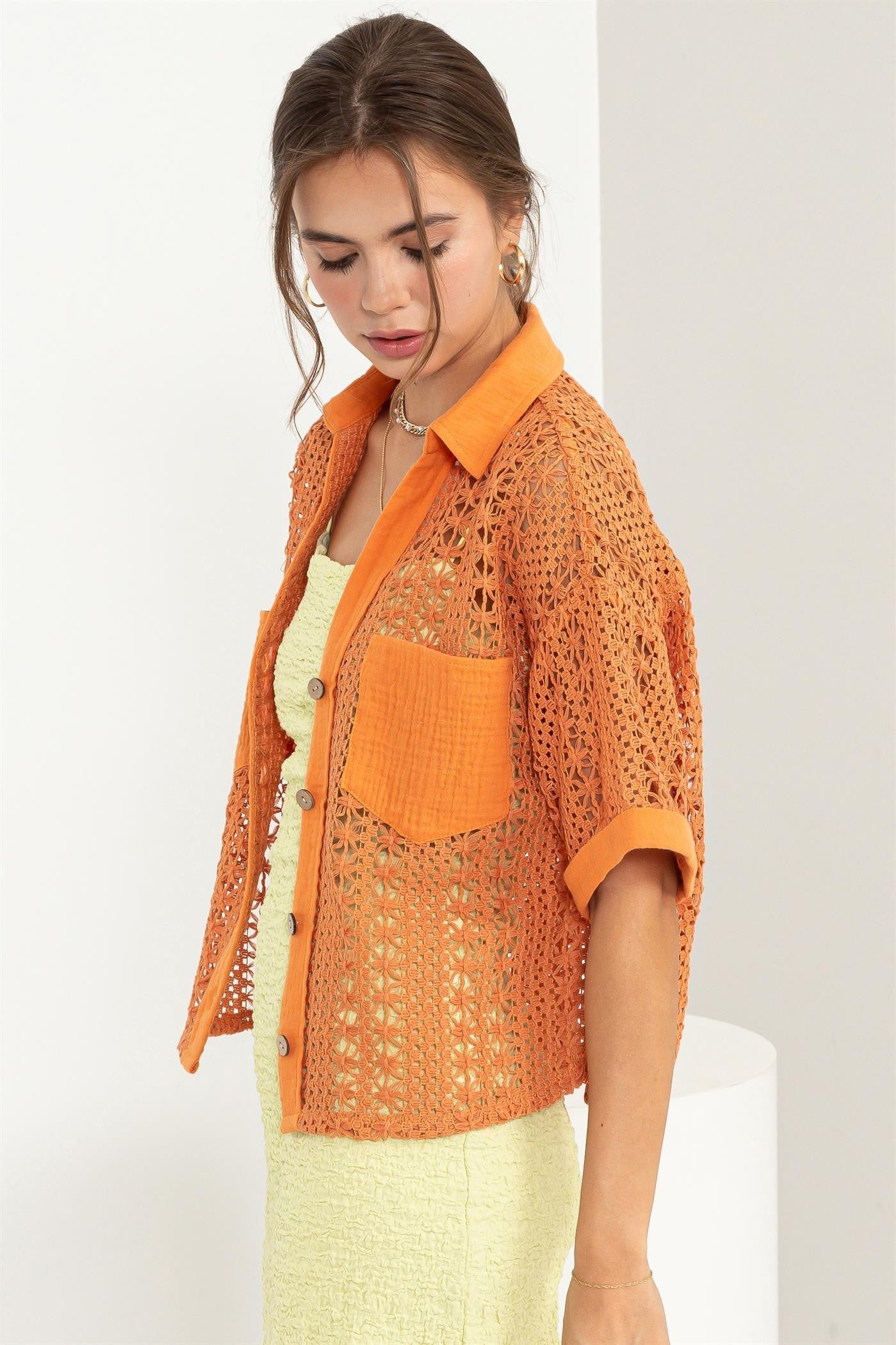 Orange Crochet Button-Front Top