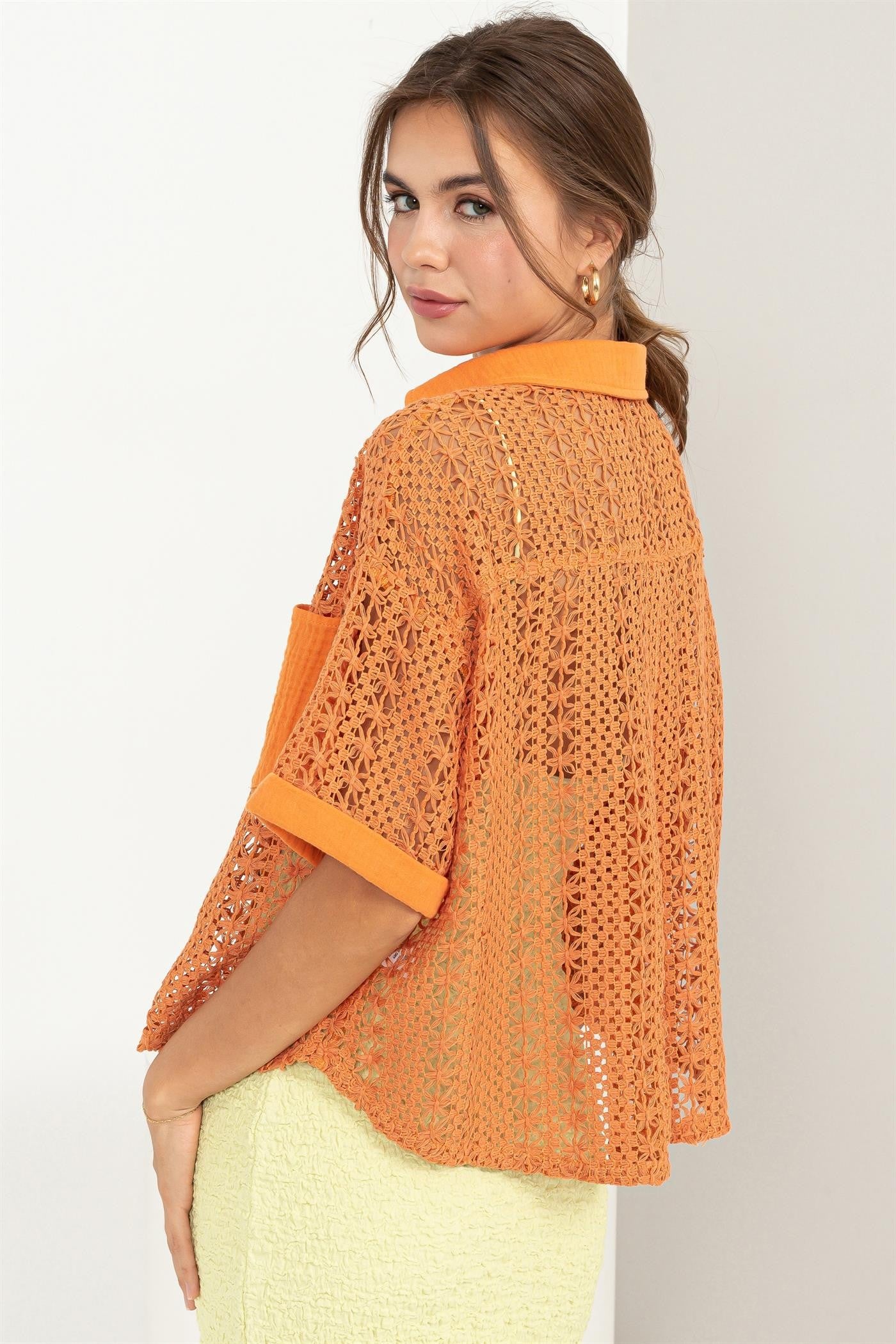 Orange Crochet Button-Front Top