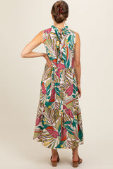 Cream Floral Ruffle Mock Neck Tiered Maternity Midi Dress
