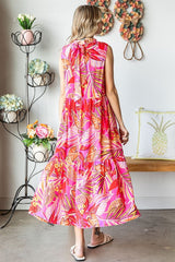 Fuchsia Floral Ruffle Mock Neck Tiered Midi Dress