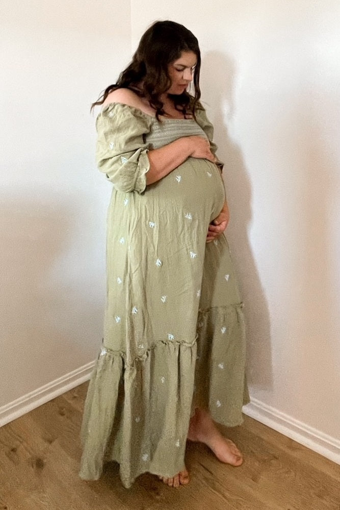 Light Olive Gauze Smocked Embroidered Square Neck Maternity Midi Dress