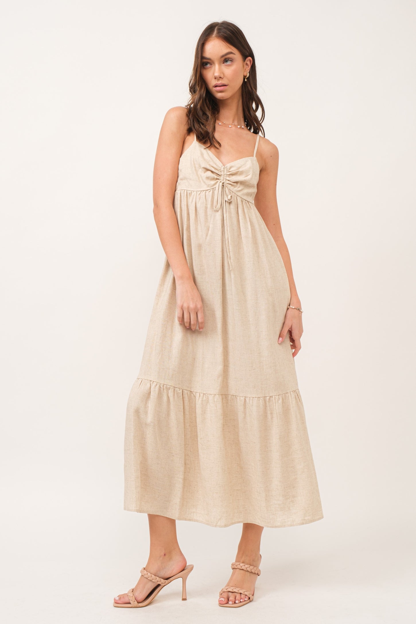 Beige Linen Front Cinch Midi Dress