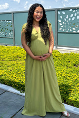 Light Olive V-Neck Drawstring Short Sleeve Side Slit Maternity Maxi Dress