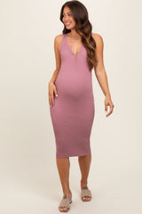 Mauve Ribbed Fitted Sleeveless Snap Button Maternity Dress