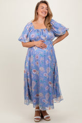 Blue Floral Chiffon Puff Sleeve Maternity Plus Midi Dress