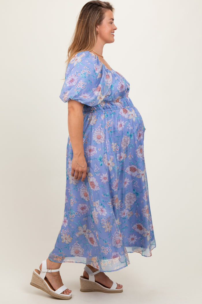 Blue Floral Chiffon Puff Sleeve Maternity Plus Midi Dress