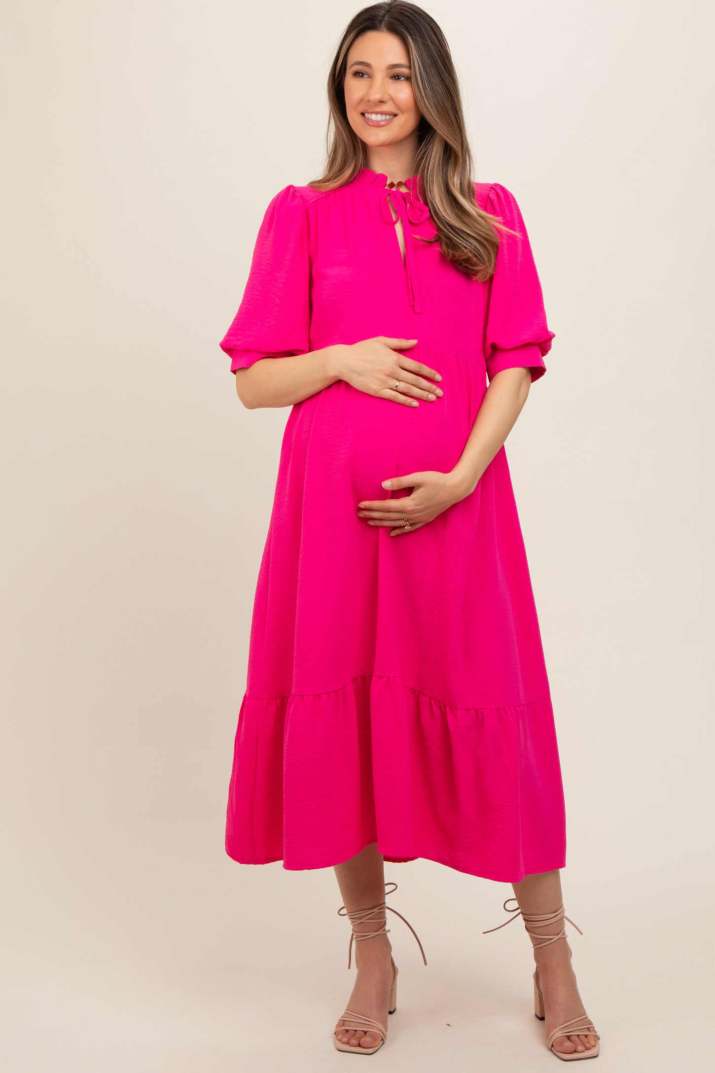 Fuchsia Balloon Sleeve Split Neck Maternity Midi Dress