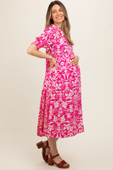 Fuchsia Floral V-Neck Tiered Maternity Midi Dress