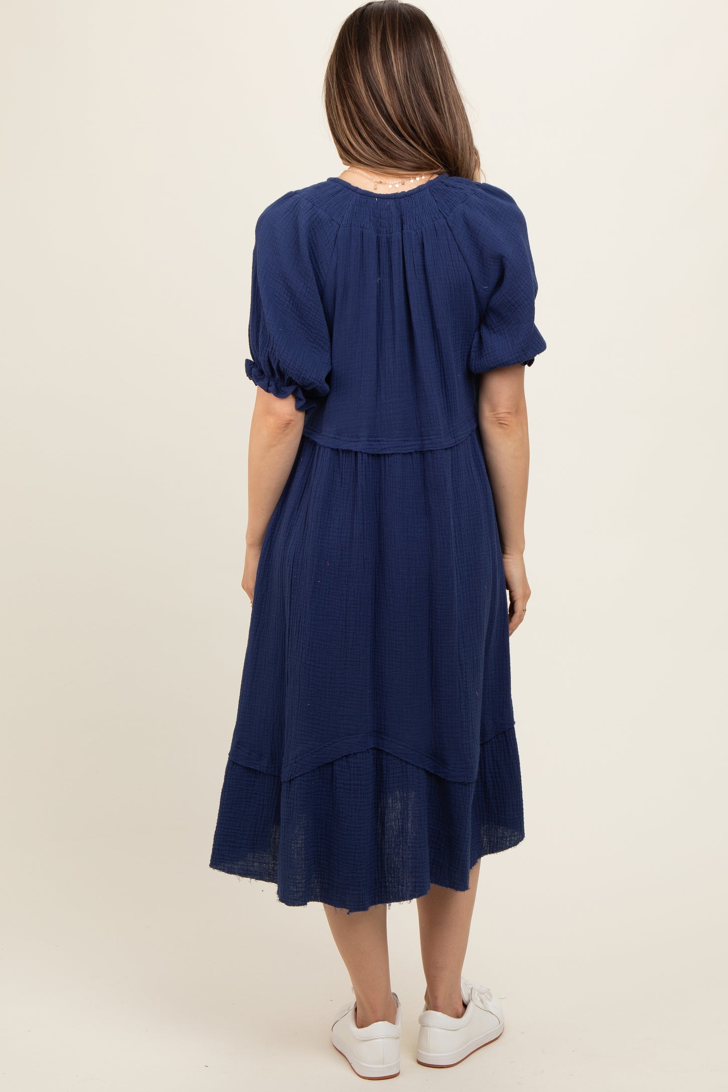 Navy Blue Tassel Tie Maternity Midi Dress