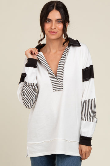Ivory Striped Colorblock Collared Pullover Top
