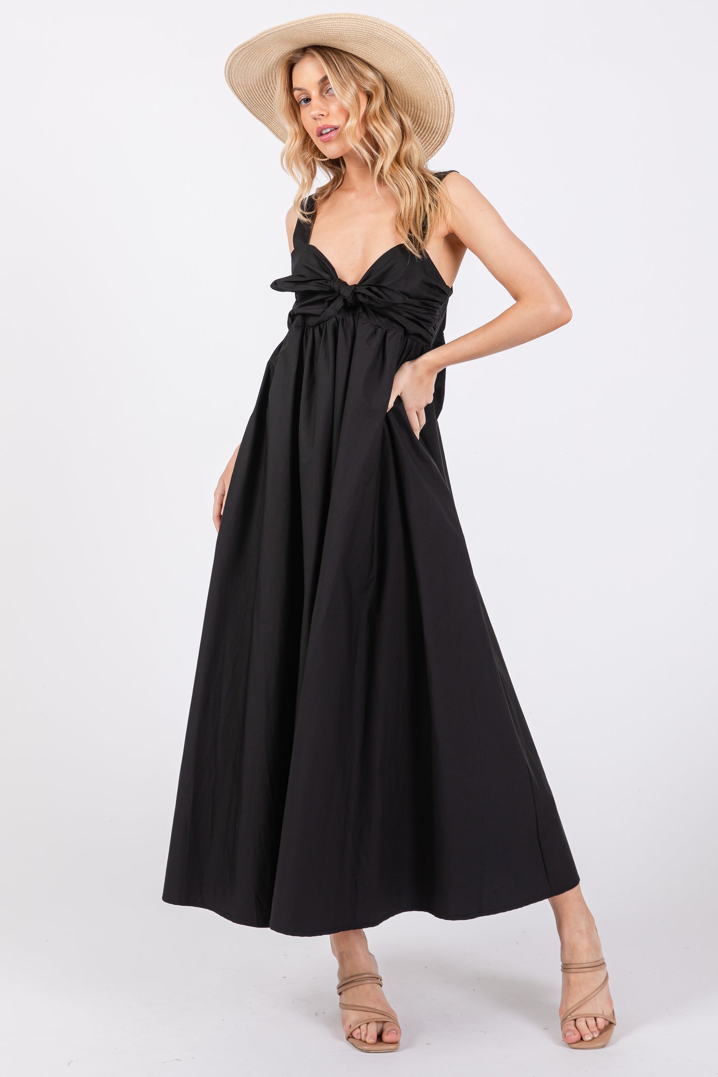 Black Front Tie Sleeveless Maternity Midi Dress