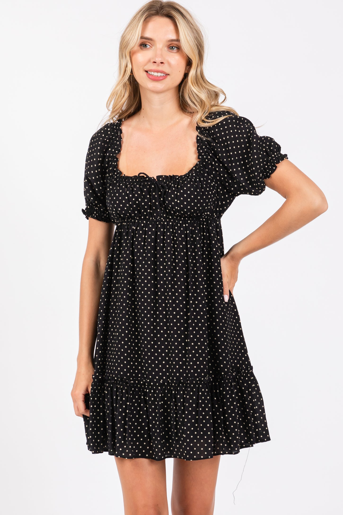 Black Polka Dot Puff Sleeve Tie Front Maternity Dress