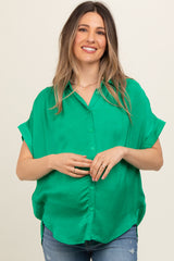 Green Satin Button Front Collared Short Sleeve Maternity Top