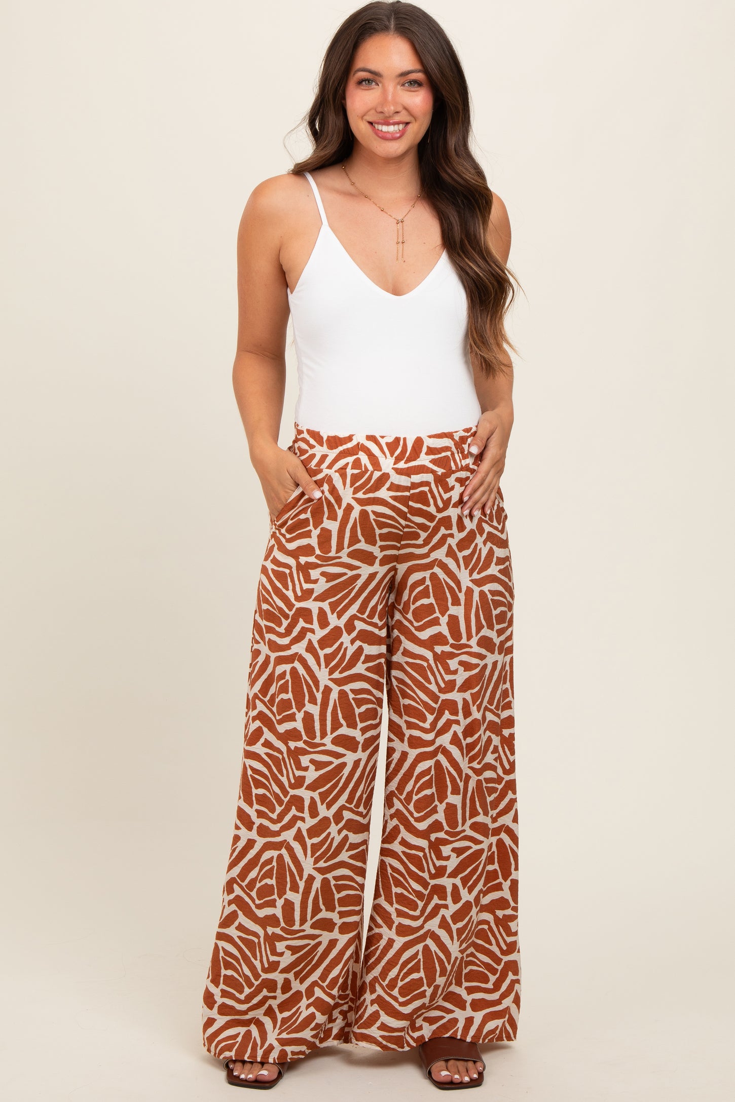 Camel Smocked Wide Leg Maternity Pants