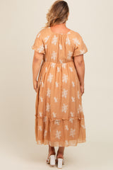 Camel Floral Print Ruffle Hem Maternity Plus Midi Dress