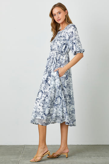 Blue Floral Square Neck Short Puff Sleeve Midi Dress