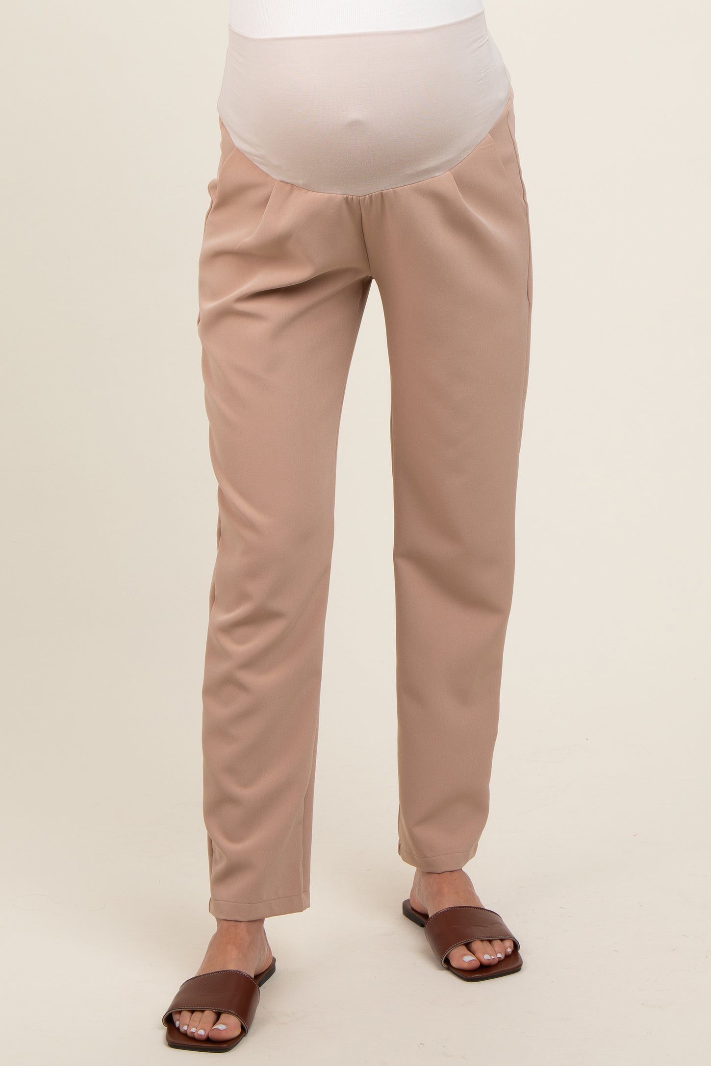 Beige Pleated Relax Fit Maternity Pants