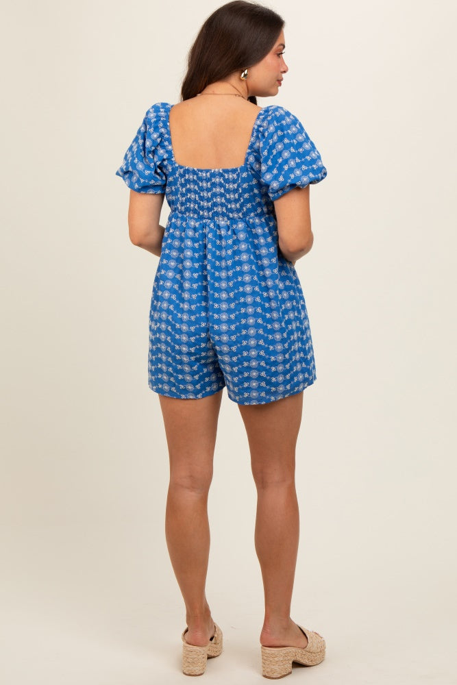 Blue Embroidered Floral Maternity Romper