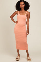 Peach Fitted Spaghetti Strap Maternity Midi Dress
