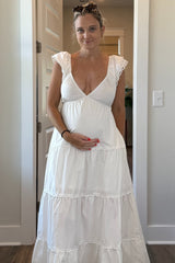 White Ruffle Trim Maternity Maxi Dress