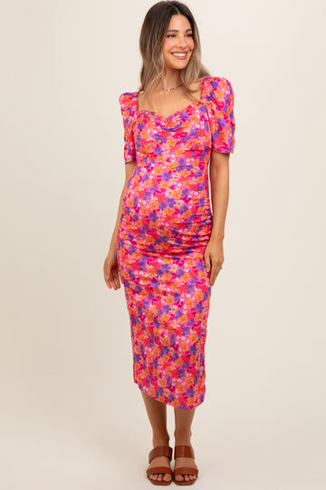 Fuchsia Floral Ruffle Sweetheart Fitted Maternity Midi Dress