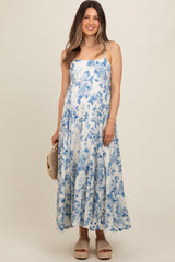 Cream Floral Flowy Sleeveless Squared Neckline Maternity Dress