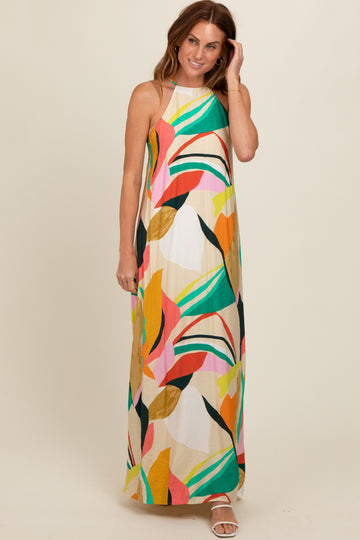Multicolor Abstract Print Halter Maxi Dress