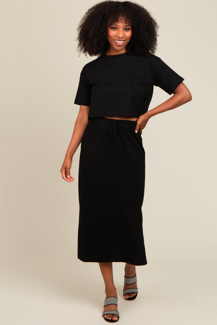 Black Short Sleeve Midi Skirt Set