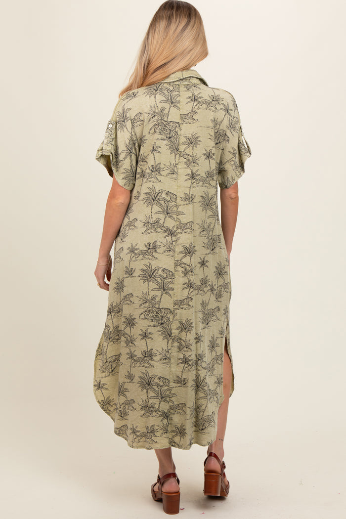 Light Olive Tiger Print Button Front Rounded Hem Maternity Midi Dress