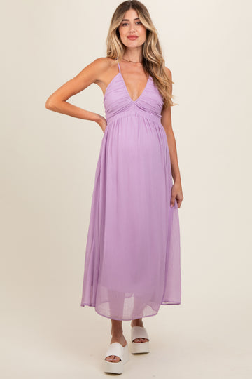 Lavender Ruched V-Neck Maternity Midi Dress