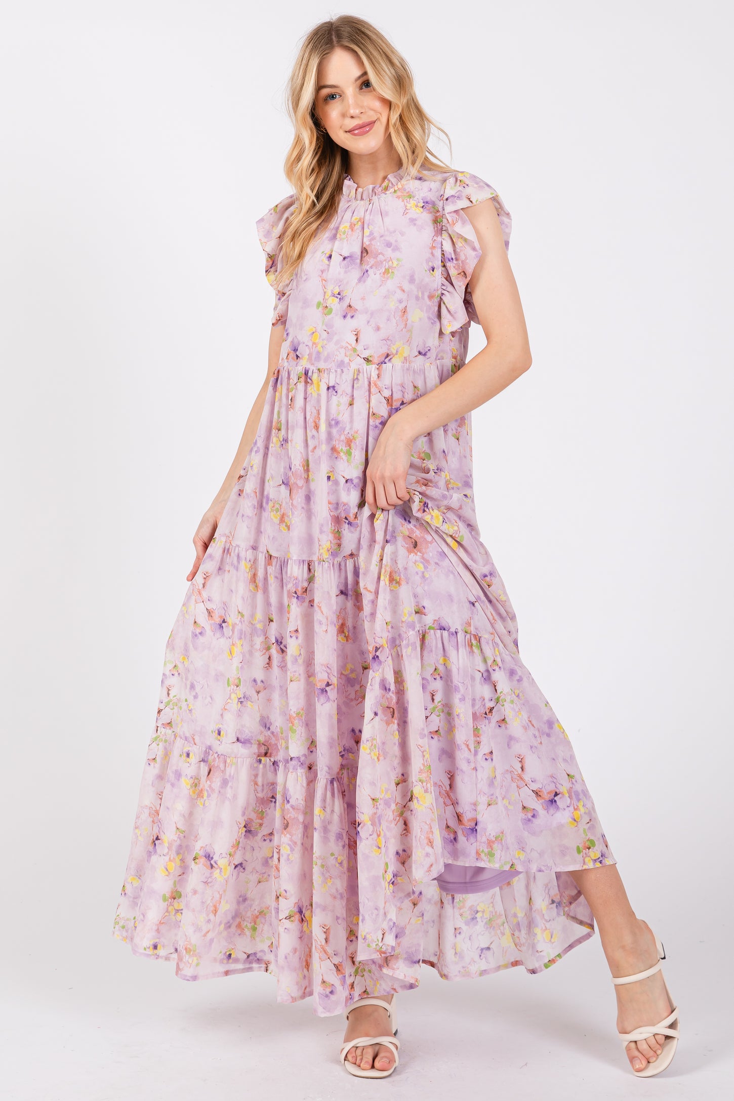 Lavender Floral Chiffon Ruffle Shoulder Tiered Maternity Maxi Dress