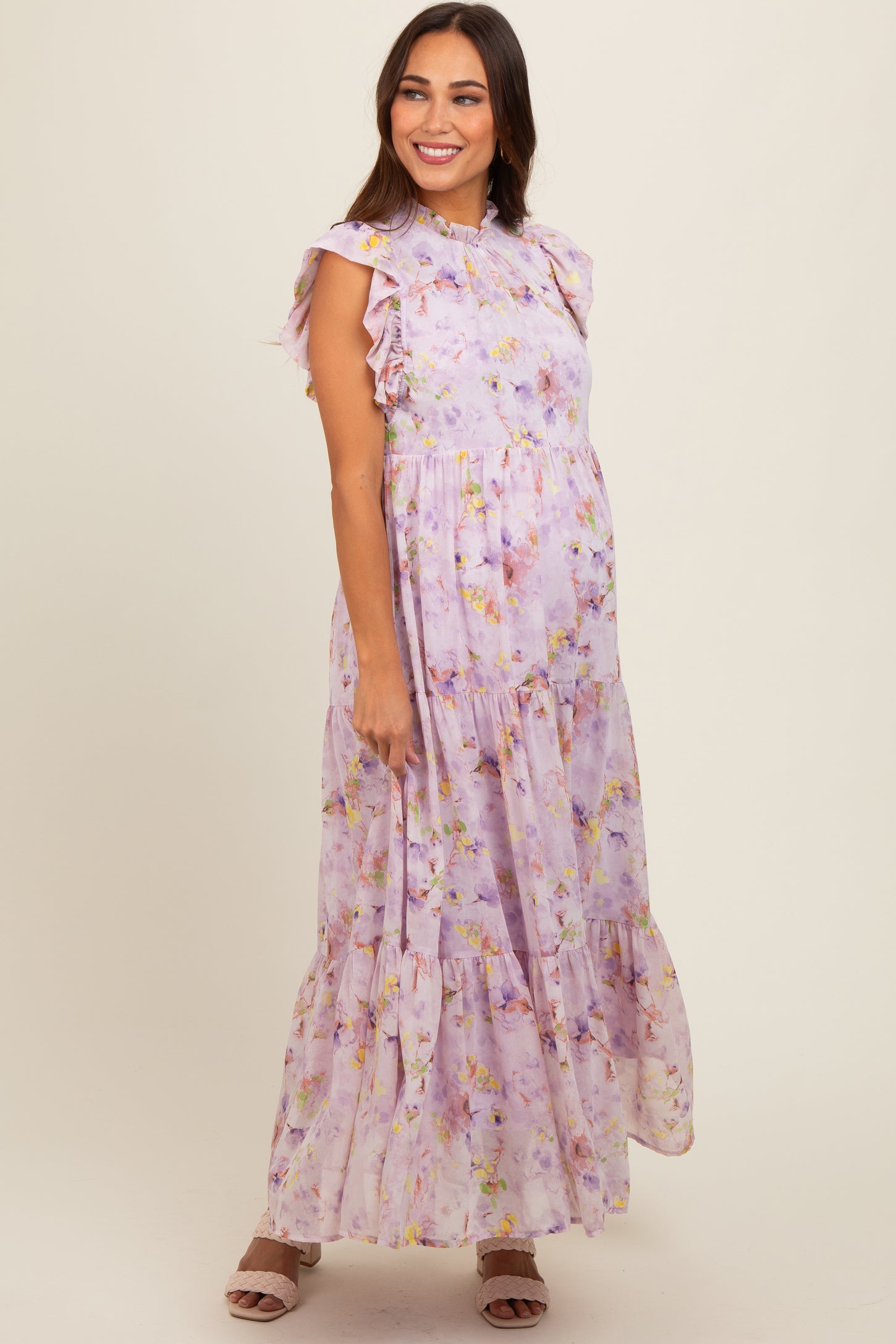 Lavender Floral Chiffon Ruffle Shoulder Tiered Maternity Maxi Dress