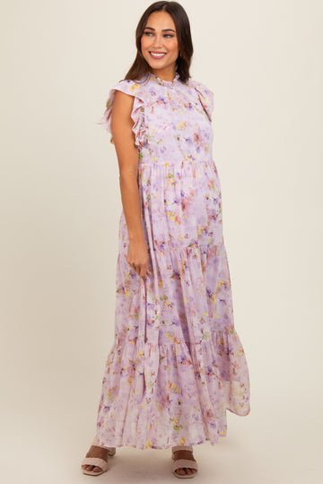 Lavender Floral Chiffon Ruffle Shoulder Tiered Maternity Maxi Dress