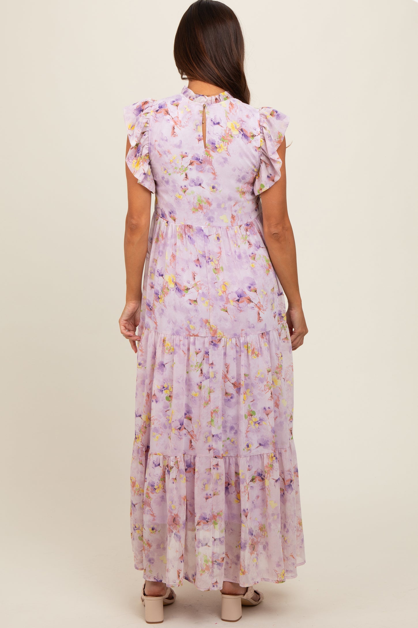 Lavender Floral Chiffon Ruffle Shoulder Tiered Maternity Maxi Dress