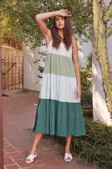 Green Striped Color Block Back Bow Midi Dress