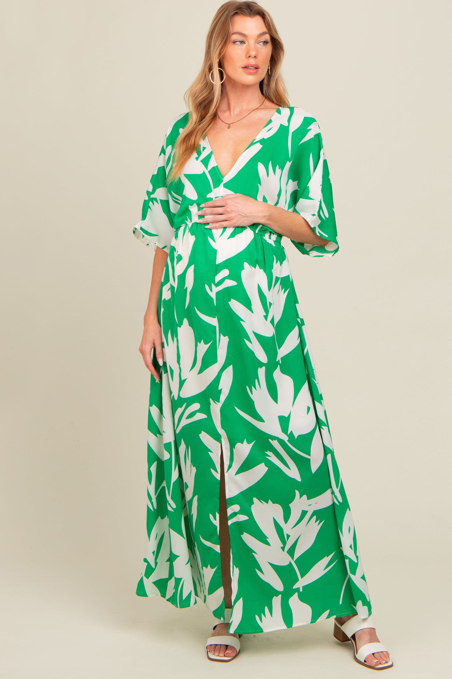 Green Floral Double V-Neck Front Slit Maternity Maxi Dress