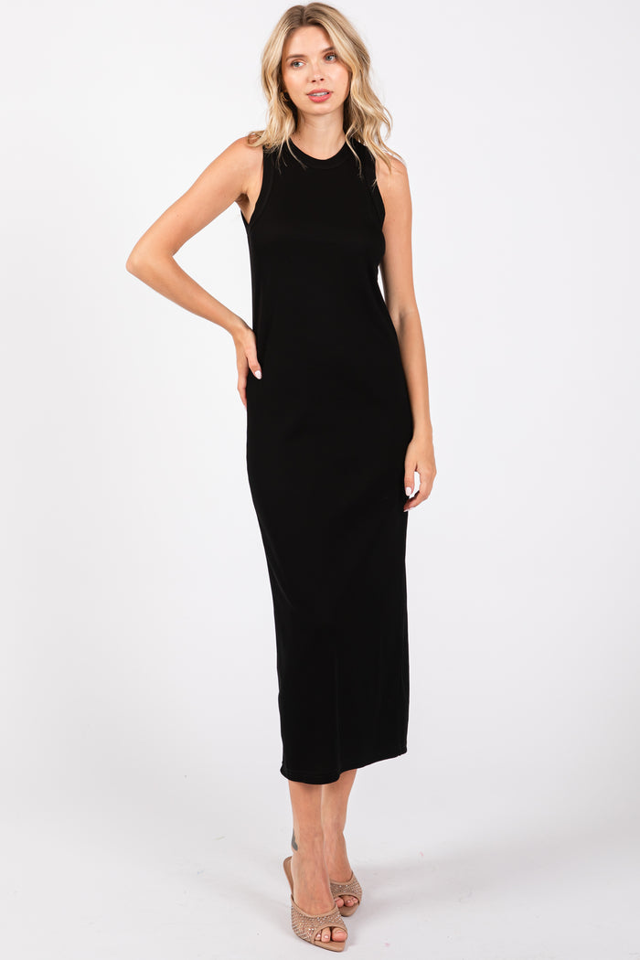 Black Ribbed Knit Sleeveless Dress