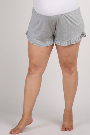 Grey Ruffled Trim Maternity Plus Pajama Shorts