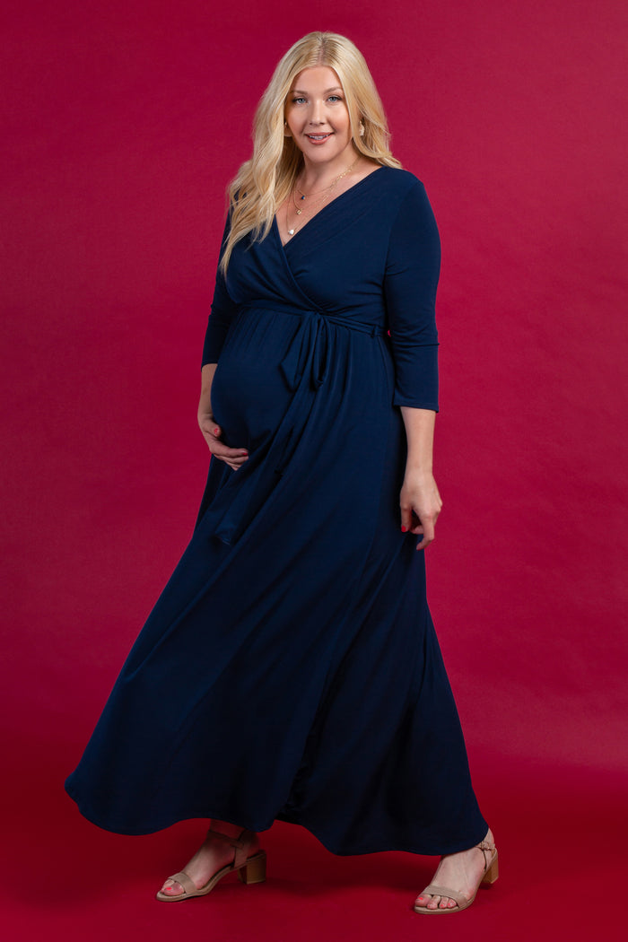 PinkBlush Navy Blue Sash Tie Wrap Plus Maternity Maxi Dress