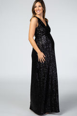 Black Sequin V Neck Sleeveless Maternity Evening Gown