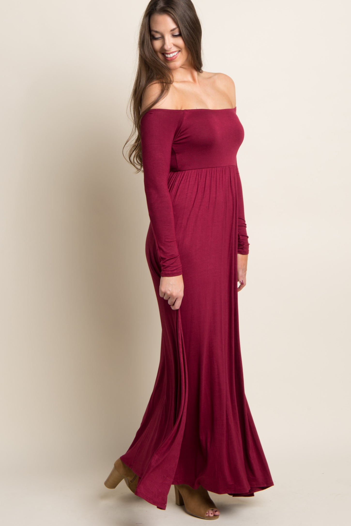 Dark Burgundy Solid Off Shoulder Maxi Dress