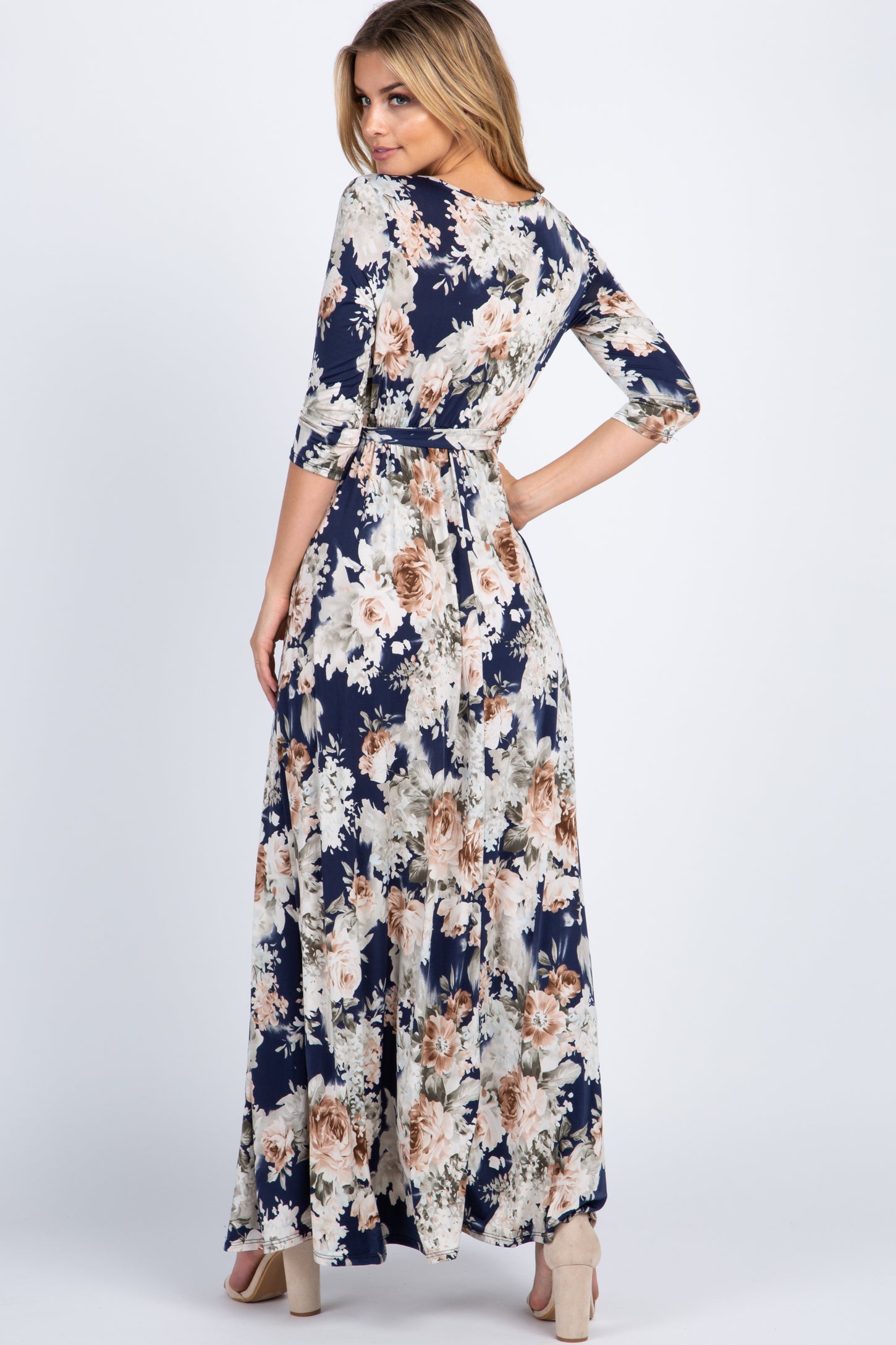 PinkBlush Navy Blue Floral Sash Tie Maxi Dress
