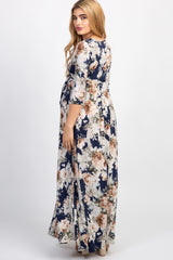 PinkBlush Blue Floral Sash Tie Maternity/Nursing Maxi Dress