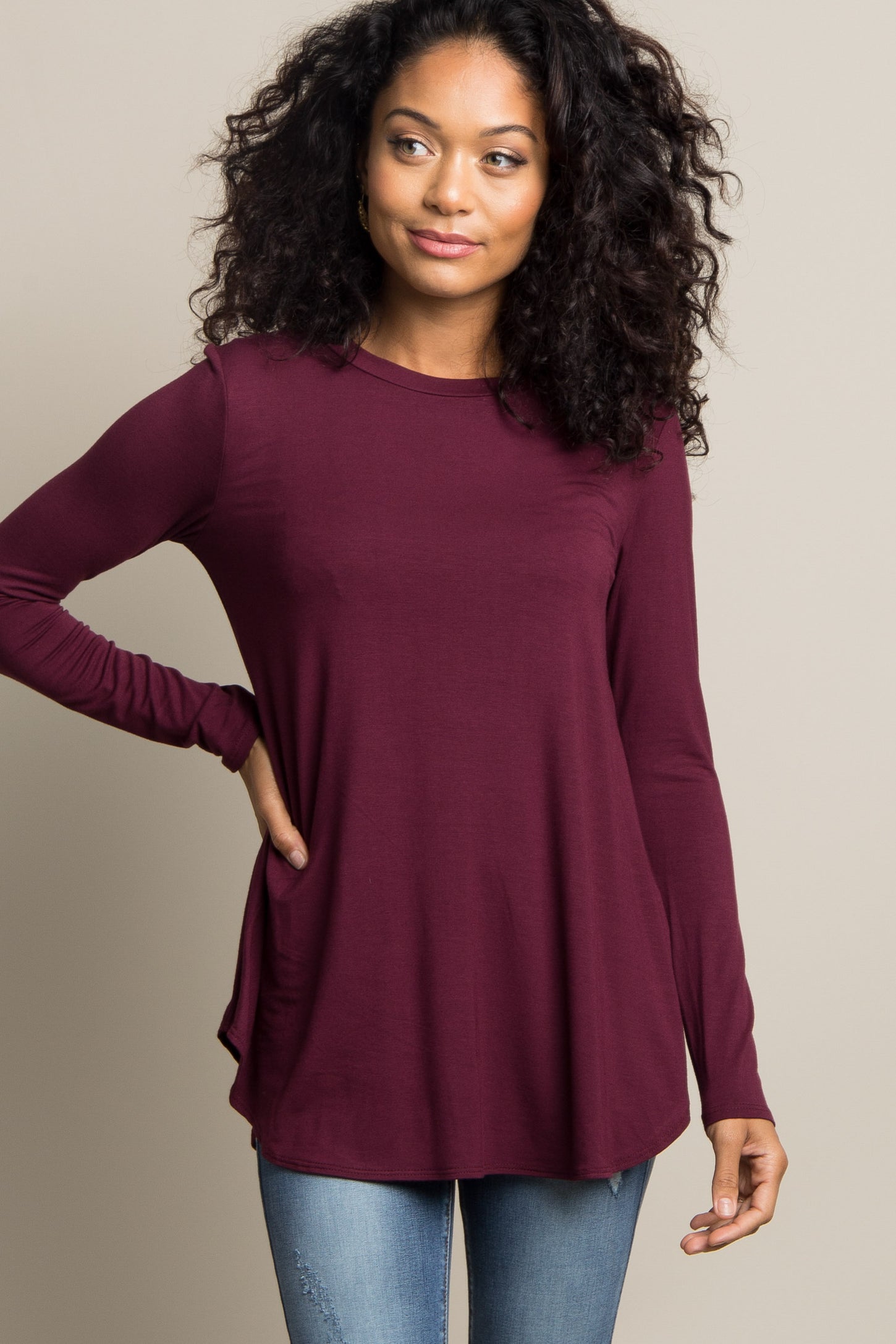 Burgundy Basic Long Sleeve Maternity Top