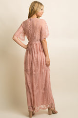 Light Pink Lace Mesh Overlay Maxi Dress